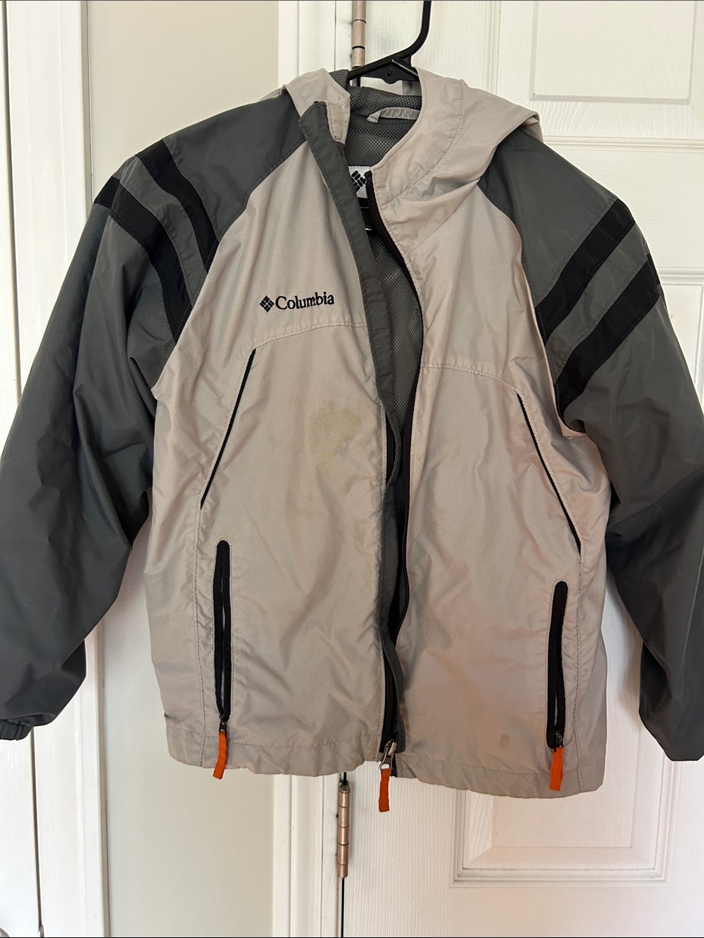 Columbia Kids' Hooded Beige and Gray Rain Jacket with Black Accents